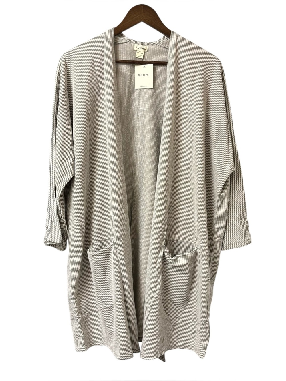 Donni Anthropologie gray white ribbed drape open front cardigan sweater one size